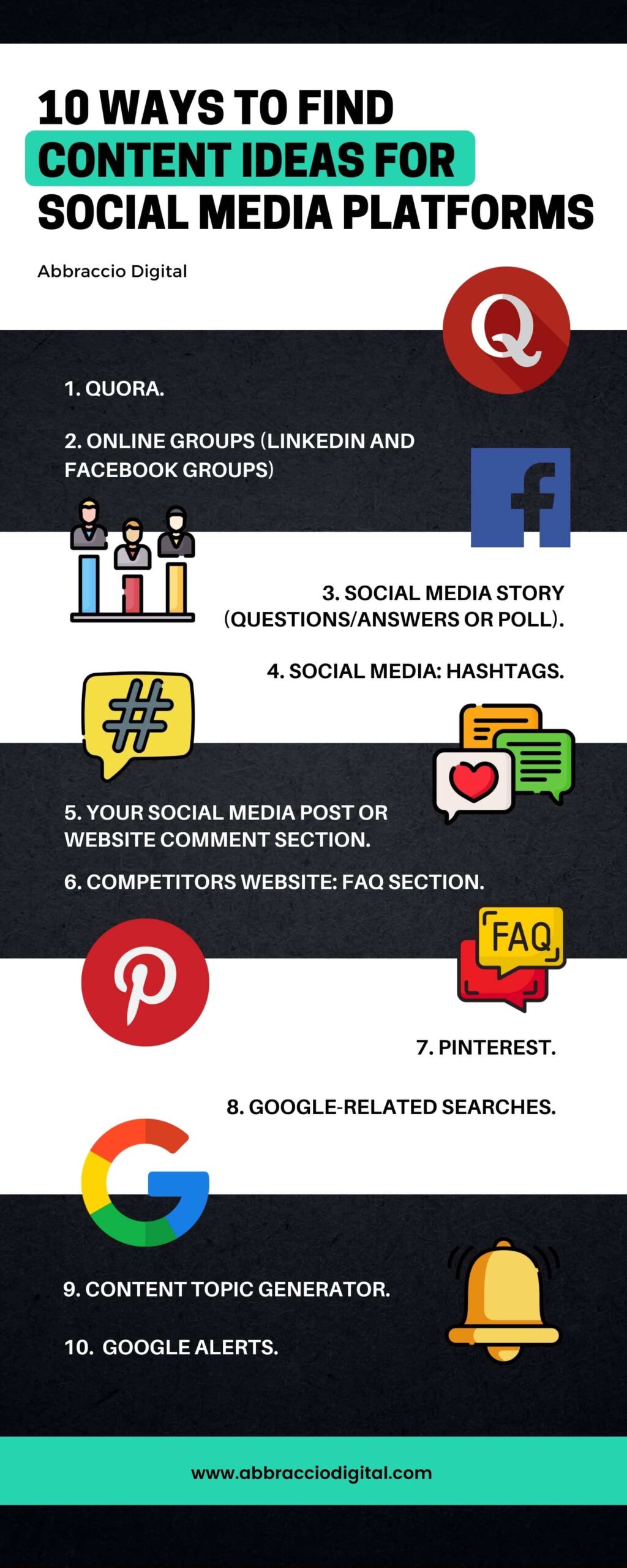 10 ways to find content ideas for social media platforms.
